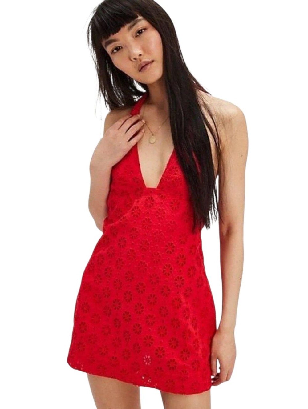Free People Trevi Eyelet Halter Mini Dress Red Backless Boho Cotton L NWT